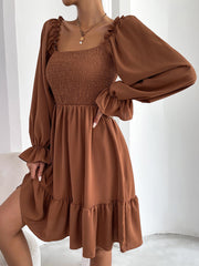 Square Neck Long Sleeve Elastic Waist Midi Dress