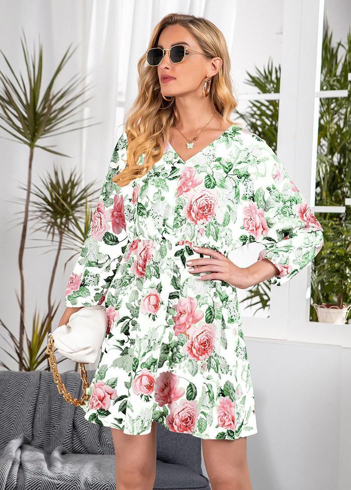 Floral Printed V Neck Long Sleeve Dress