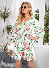 Floral Printed V Neck Long Sleeve Dress