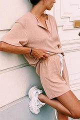 Solid V Neck Loose T Shirt Short Set