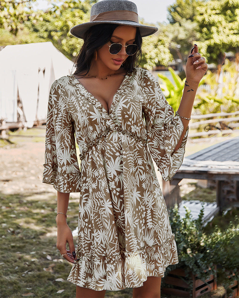 Casual V-Neck 3/4 Sleeve Printed Mini Dress