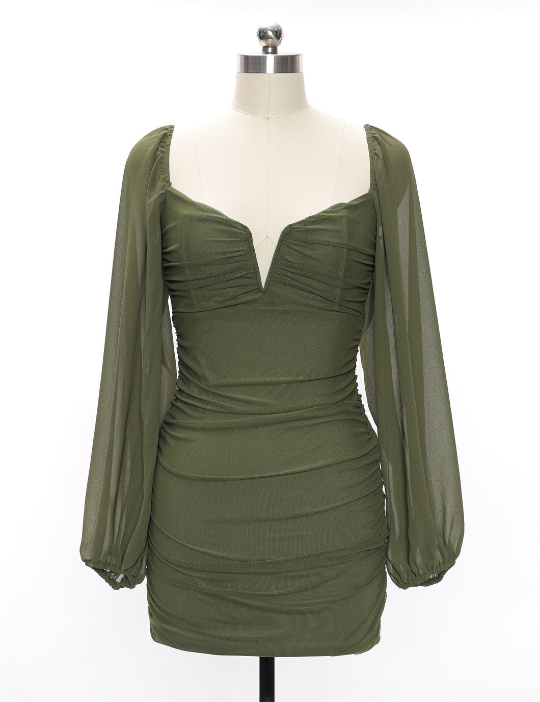 Long Ruffle Sleeve Scoop Neck Ruched Mini Dress