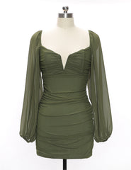 Long Ruffle Sleeve Scoop Neck Ruched Mini Dress