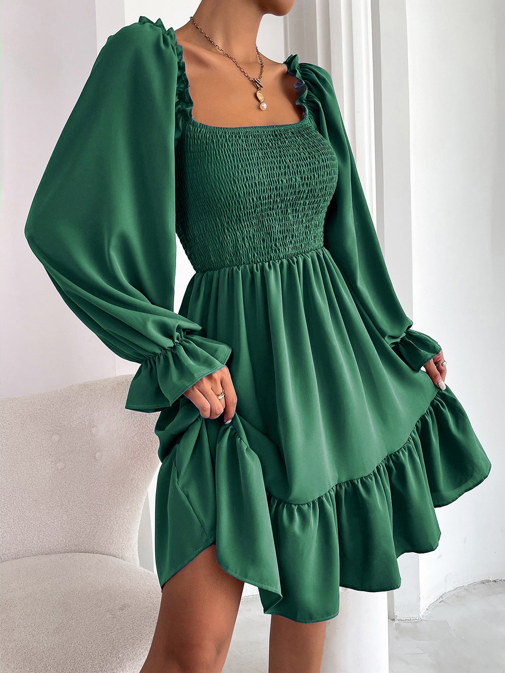 Square Neck Long Sleeve Elastic Waist Midi Dress