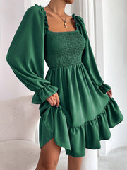Square Neck Long Sleeve Elastic Waist Midi Dress