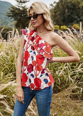 Flouncing Cold Shoulder Printed Tank Top