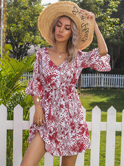 Women's Dresses Vintage Print Bell Sleeve V Neck Mini Dress