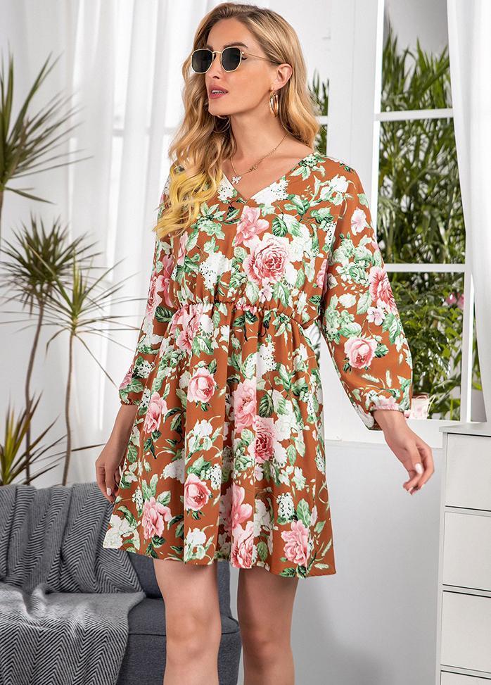 Floral Printed V Neck Long Sleeve Dress