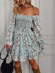 Square Neck Long Sleeve Fit Flare Mini Dress