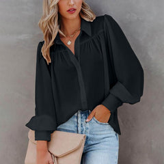 Casual V Neck Wide Long Sleeve Blouse