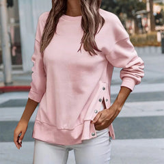 Long Sleeve O-Neck Button Side Slit Solid Sweatshirt
