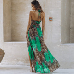 Fashion Tie Shoulder Side Slit Leopard Print Maxi Dress