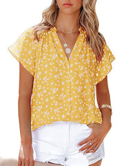 Women's Blouses Chiffon Fashion Print V Neck Short Sleeve Blouse