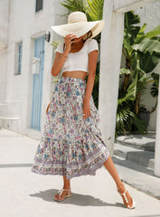 Floral Print Elastic High Waist Pleated Maxi Skirt