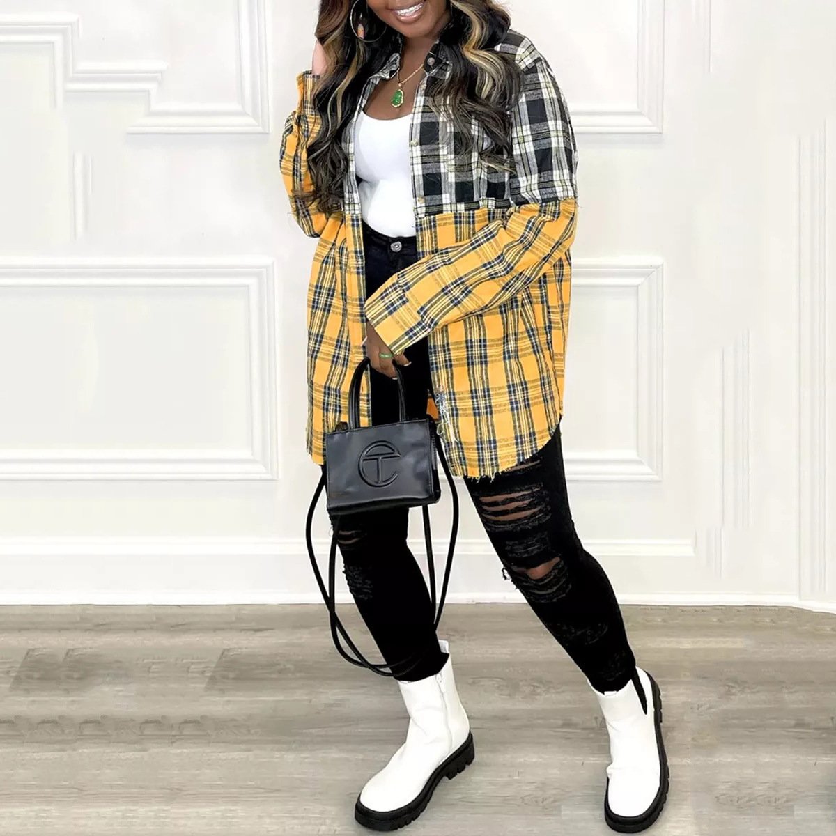 Color Block Plaid Button Down Shirt Top