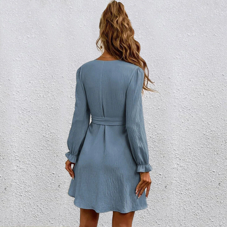 Casual V-Neck Long Sleeve Belted Flared Mini Dress