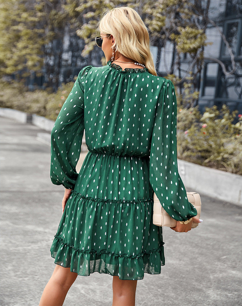 Casual V-Neck Polka Dot Long Sleeve Mini Dress