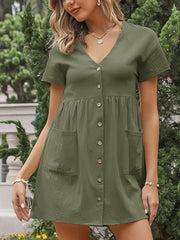 Women's Dresses Loose Solid Color V Neck Button Mini Dress