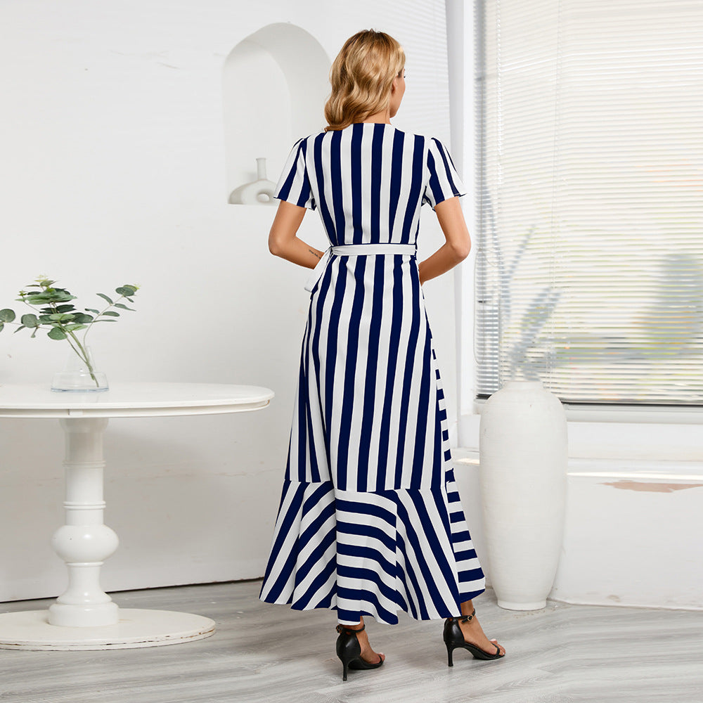 Fashion V-Neck Short Sleeve Striped Loose Maxi Dress