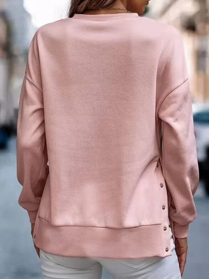 Long Sleeve O-Neck Button Side Slit Solid Sweatshirt