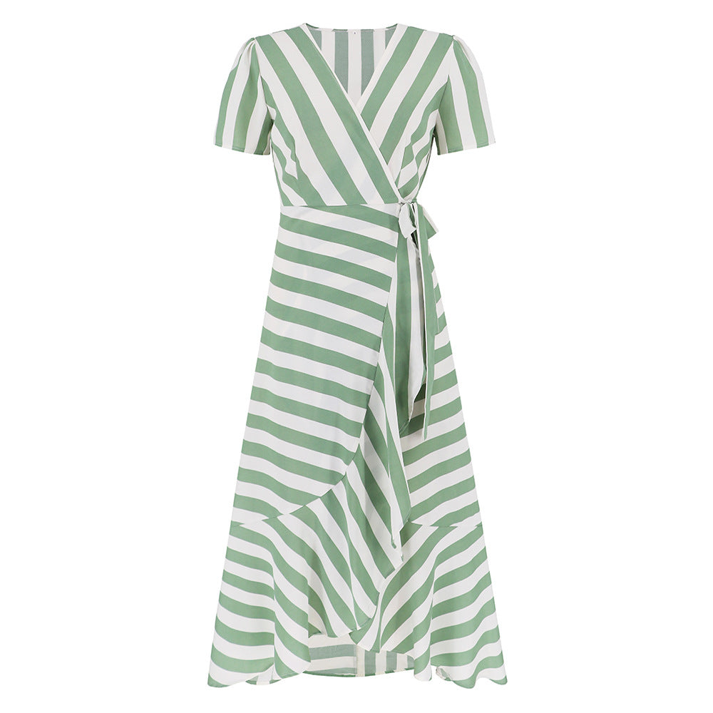 Fashion V-Neck Short Sleeve Striped Loose Maxi Dress