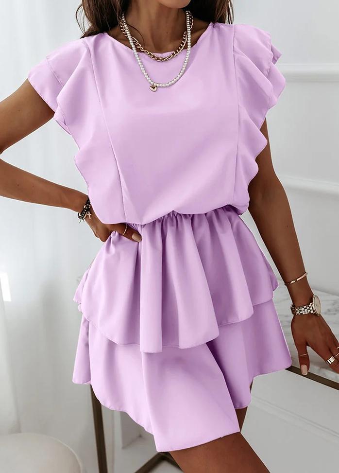 Flouncing Short Sleeve Round Neck Dress