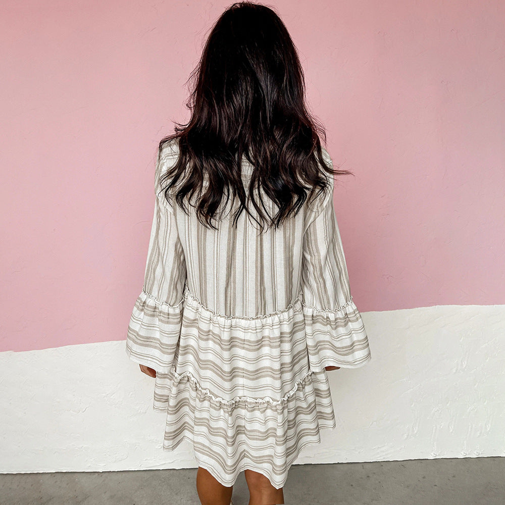 Casual V-Neck Long Sleeve Printed Loose Mini Dress