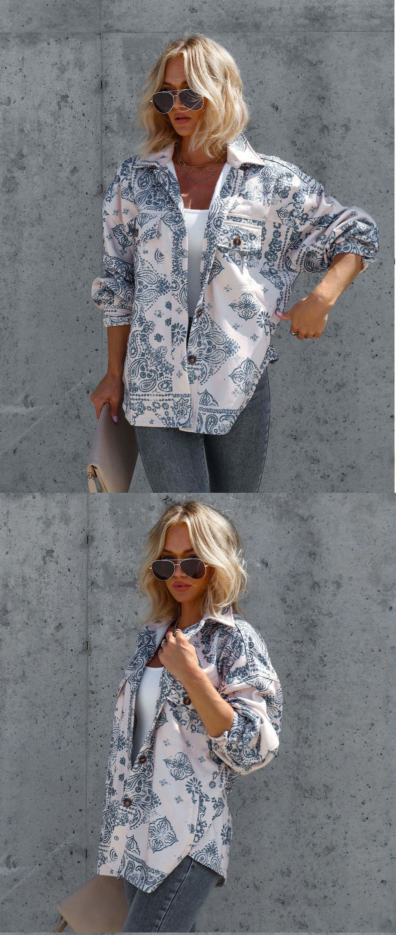 Casual Zip Up Floral Loose Jacket Top