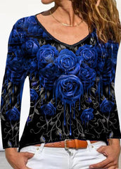 Floral Printed V Neck Long Sleeve T-shirt