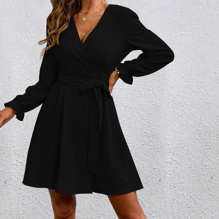 Casual V-Neck Long Sleeve Belted Flared Mini Dress