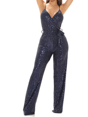 Spaghetti Strap V-Neck Belted Sequin Jumpsuit