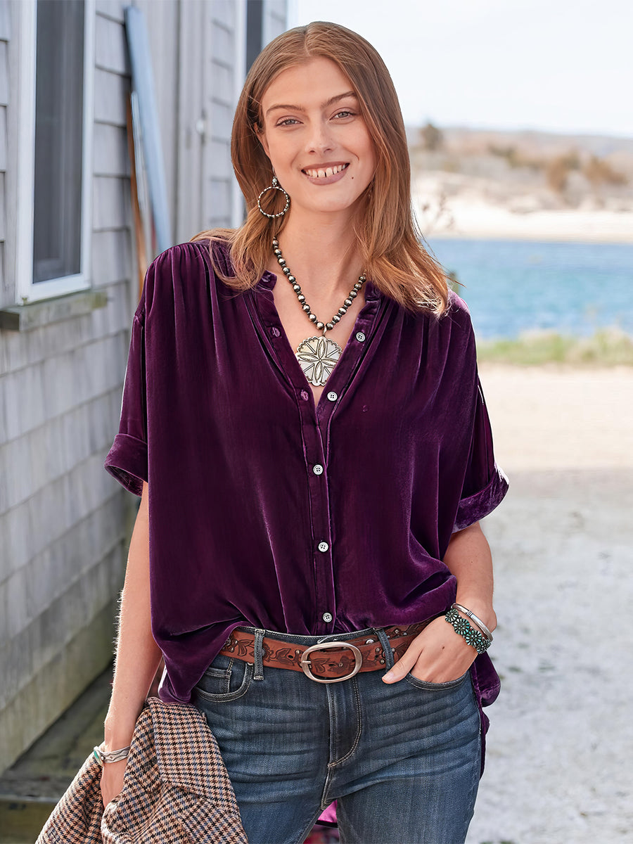 Women's Blouses Gold Velvet Solid Color Short Sleeve Round Neck Blouse