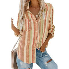 Casual V-Neck Long Sleeve Buttoned Striped Shirt