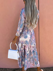 Women Dresses Fashion Print V Neck Long Sleeve Midi Dress