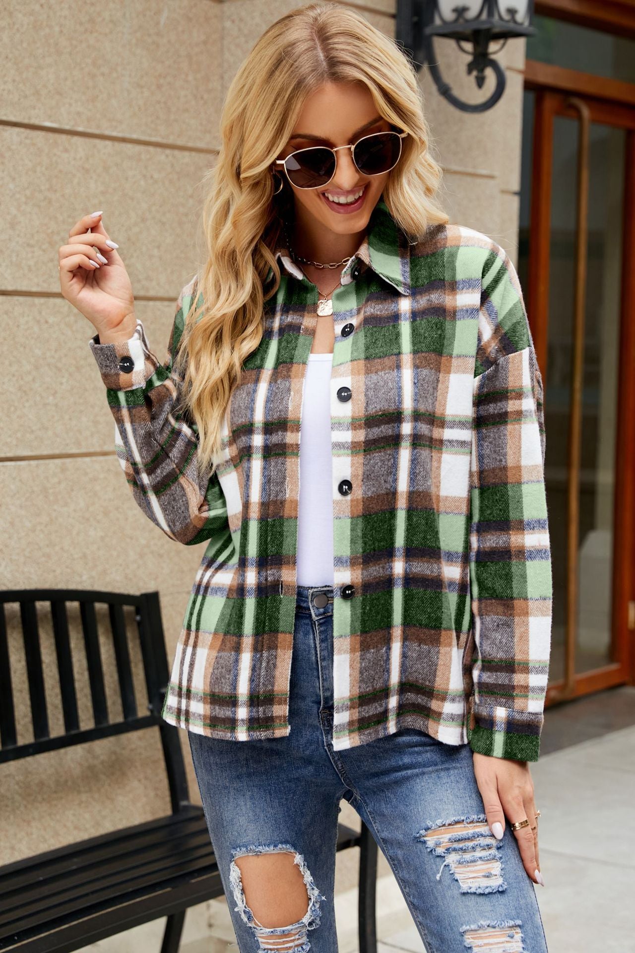 Long Sleeve Top Plaid Button Down Shirt