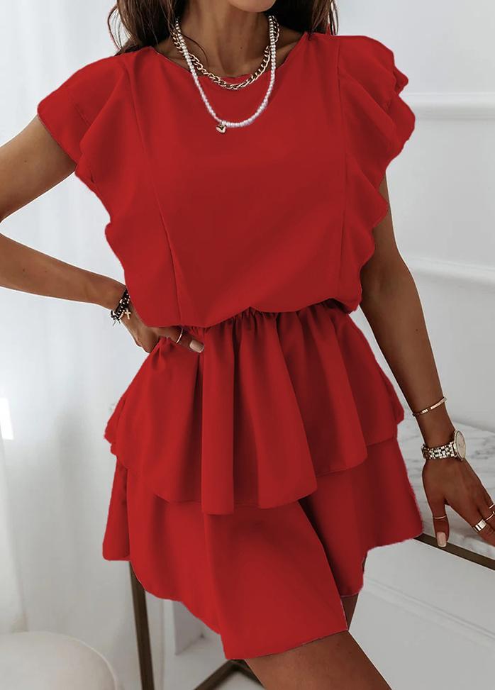 Flouncing Short Sleeve Round Neck Dress