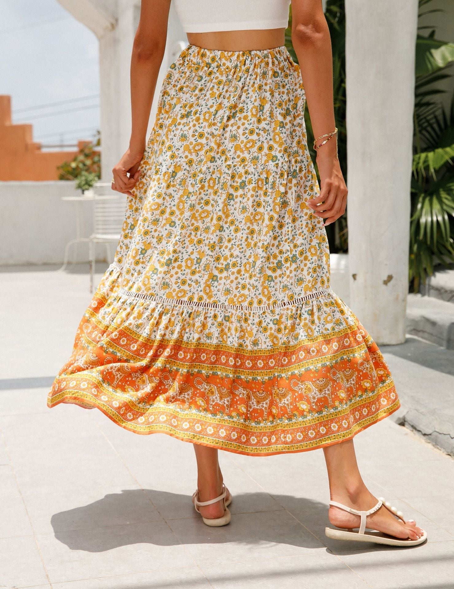 Floral Print Elastic High Waist Pleated Maxi Skirt