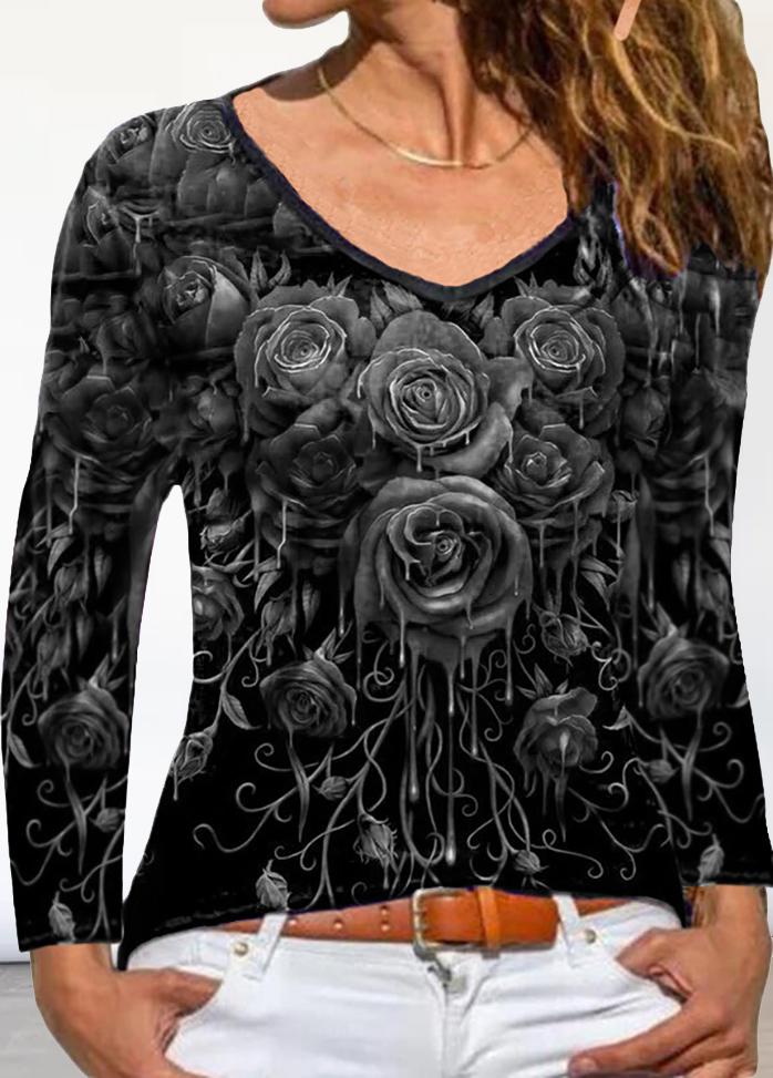 Floral Printed V Neck Long Sleeve T-shirt
