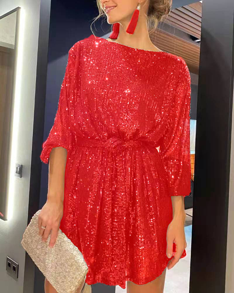 Sexy Solid Sequins Off the Shoulder Waist Skirt Dresses