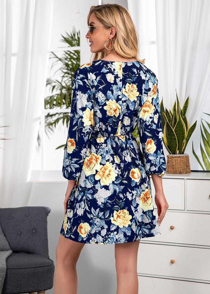 Floral Printed V Neck Long Sleeve Dress
