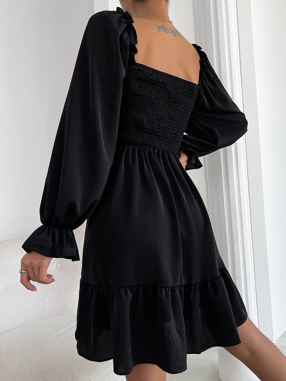 Square Neck Long Sleeve Elastic Waist Midi Dress