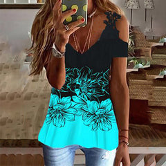 Floral Cold Shoulder V Neck Loose Blouse Top