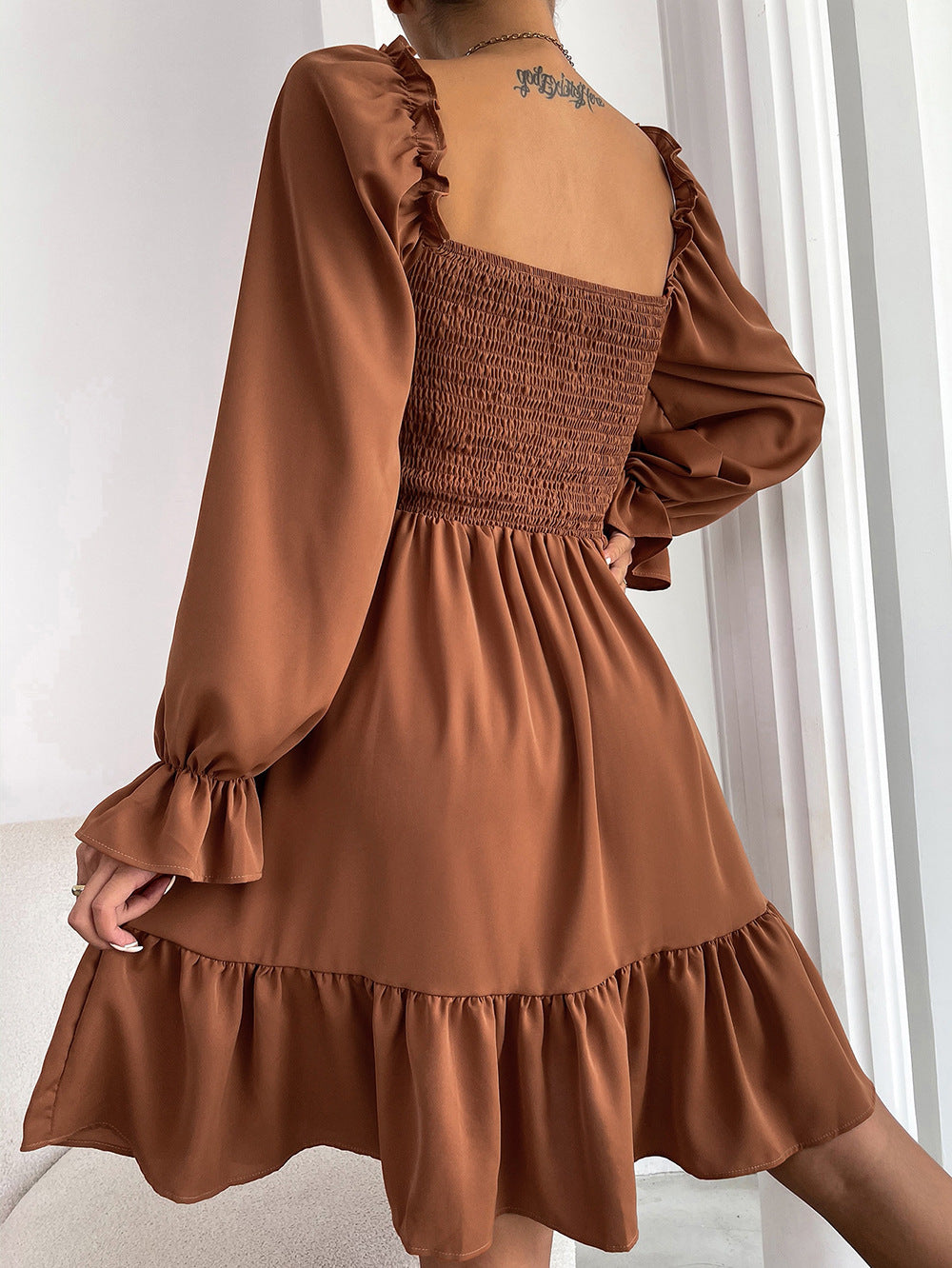 Square Neck Long Sleeve Elastic Waist Midi Dress