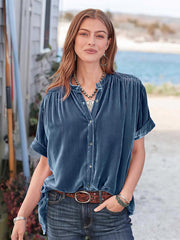 Women's Blouses Gold Velvet Solid Color Short Sleeve Round Neck Blouse
