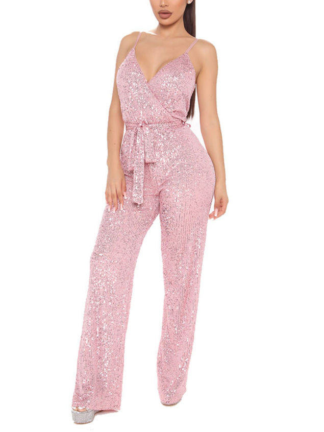 Spaghetti Strap V-Neck Belted Sequin Jumpsuit