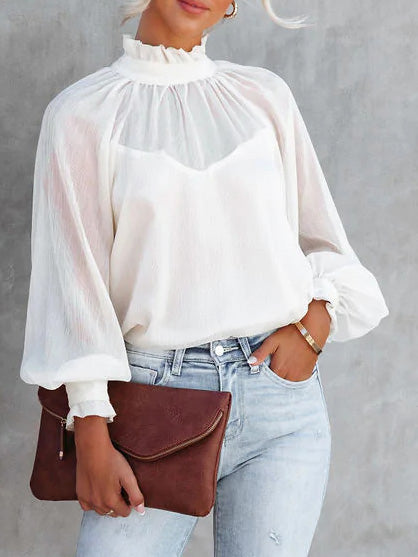 Women's Blouses Turtleneck Balloon Sleeve Chiffon Blouse