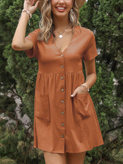 Women's Dresses Loose Solid Color V Neck Button Mini Dress