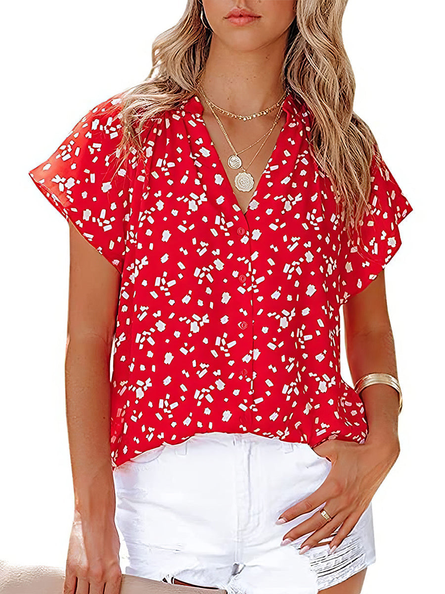 Women's Blouses Chiffon Fashion Print V Neck Short Sleeve Blouse