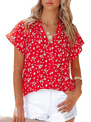 Women's Blouses Chiffon Fashion Print V Neck Short Sleeve Blouse