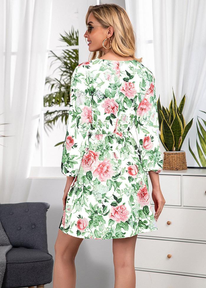 Floral Printed V Neck Long Sleeve Dress